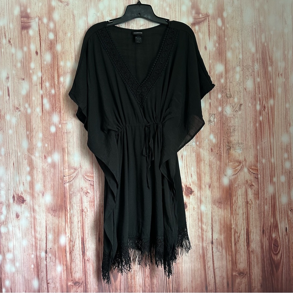 Cover 2 Cover Black V Neck Drawstring Waist Fringe Hem Swim Coverup Size M